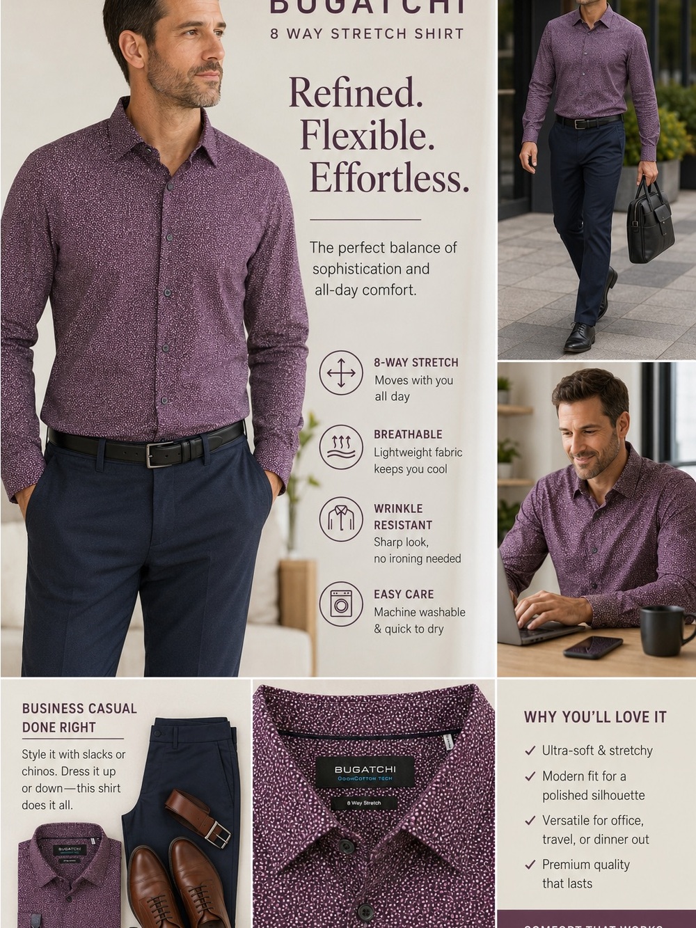 Bugatchi OoohCotton Tech Men’s XXL 8 Way Stretch Purple Print Button Down Shirt